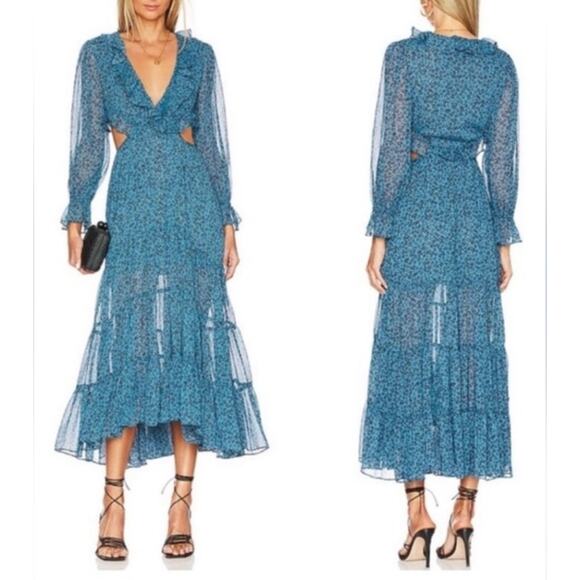 Misa Los Angeles Dresses & Skirts - Misa Los Angeles Dress XS Amelia Midi Blue Floral Ruffle Boho Romantic Flowy Chi